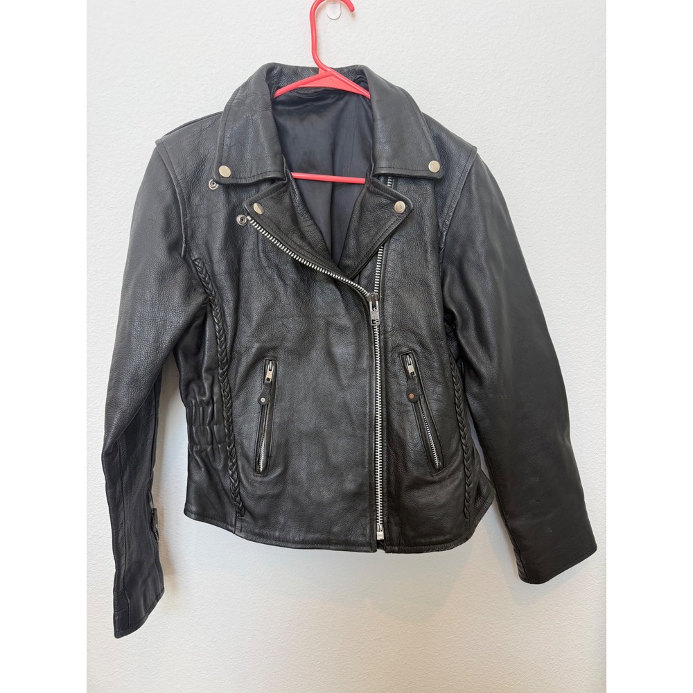 Black Genuine Leather Biker Jacket Braided Trim Studded Waist Womens Med Moto - Picture 1 of 11